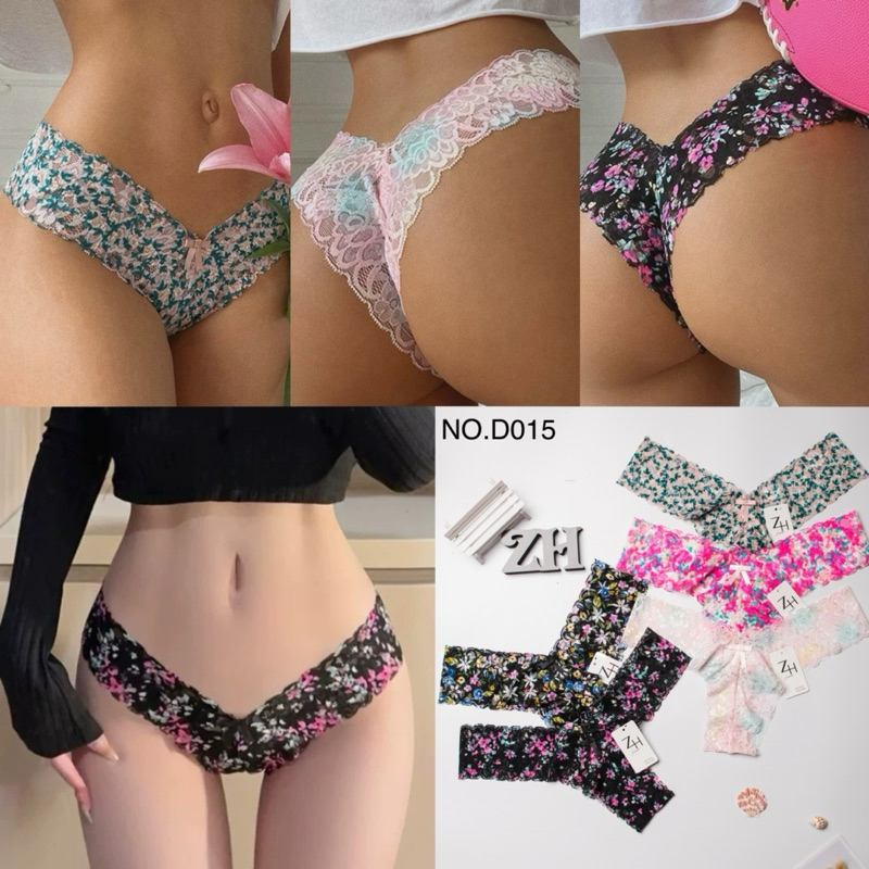 ZH.D015กางเกงชั้นในจีสตริงเอวต่ำลายดอกไม้.บิกินี่ลูกไม้G-string