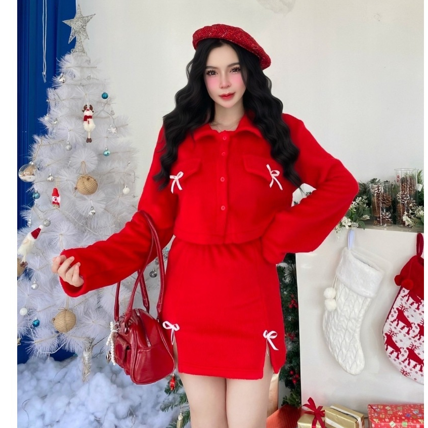 N6ชุดเซ็ตเสื้อเเขนยาว+กระโปรงติดโบว์ คริสมาสต์(ผ้าขนนุ่ม)