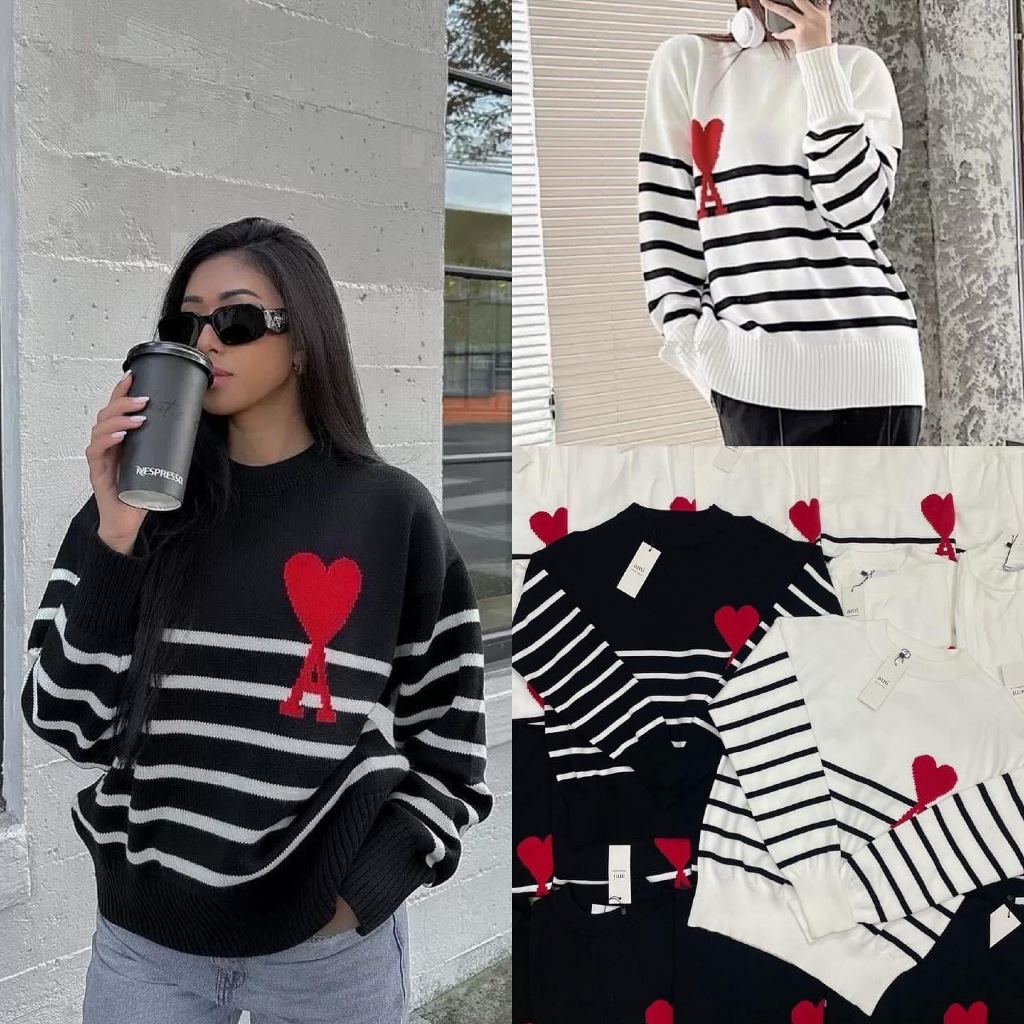 A x sweater เสื้อสเวตเตอร์ไหมพรมแขนยาว คอกลมทรงสวยมากผ้านิตไหมพรมทอลายหัวใจอย่างดี ยืดหยุ่นได้เยอะ งานชนช็อปเลย