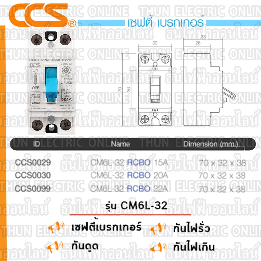 CCS เบรกเกอร์กันดูด (กันไฟรั่ว) CM6L-32 2P15A 20A 32A RCBO 30mA กันดูด เบรกเกอร์ Breaker ไฟเข้าบนออกล่าง เท่านั้น ราคา ถูกที่สุด ดีลบีเคเค แกลเลอรีภาพที่ 9