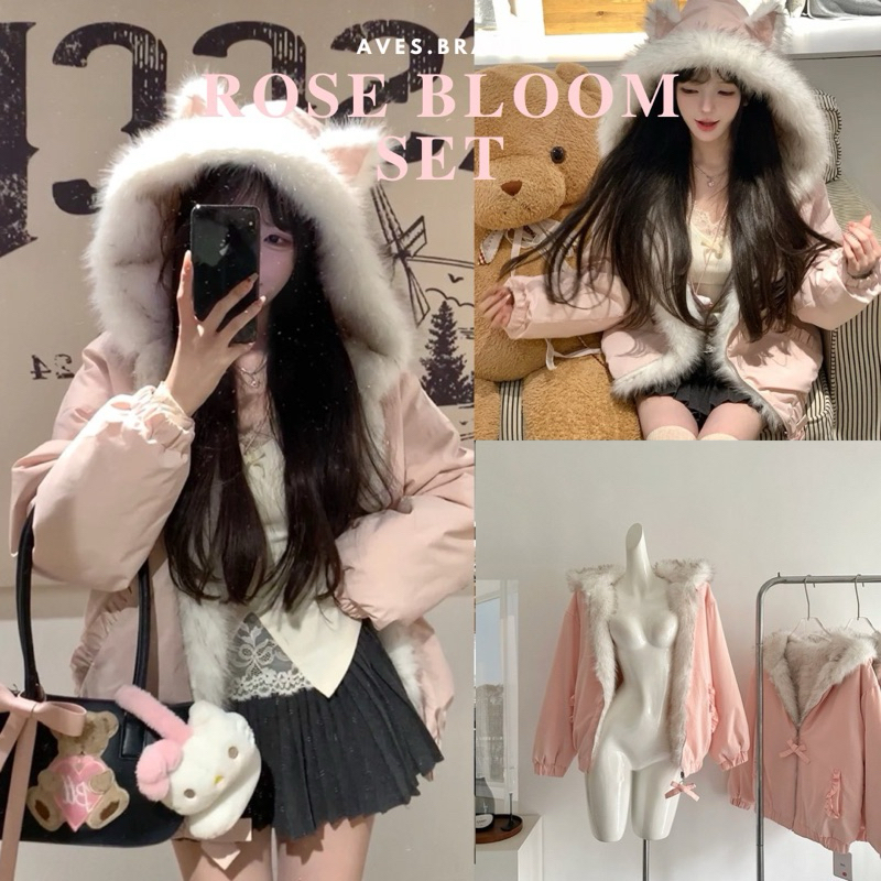 AVES.BRAND ROSE BLOOM SET ชุดเซ็ต 3 ชิ้น แจ็คเก็ตขนเฟอร์ กระโปรงพลีท