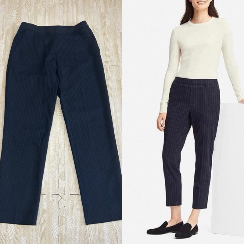 กางเกงยูนิโคล่ Ezy Ankle Pants สีกรมริ้วขาว S เอว 26-28 นิ้ว กระบอกเล็ก แบบสวม เอวหลังเป็นยางยืด