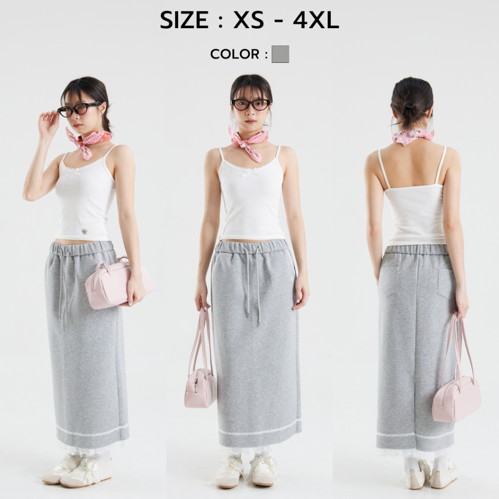 Bemingskirt045(XS-4XL) -Bunny long skirts กระโปรงยาวผ่าหลังเอวสม๊อค เชือกด้านหน้าใช้งานได้จริง