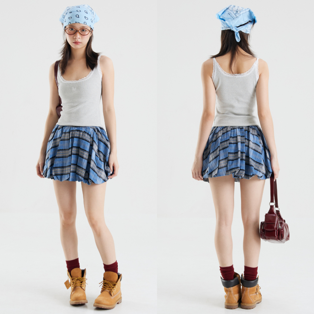 Bemingskirt048(XS-4XL) - Check Balloon Skirt กระโปรงบอลลูนลายสก๊อต โดดเด่นด้วยเนื้อผ้าสไตล์วินเทจ - รูปที่ 7