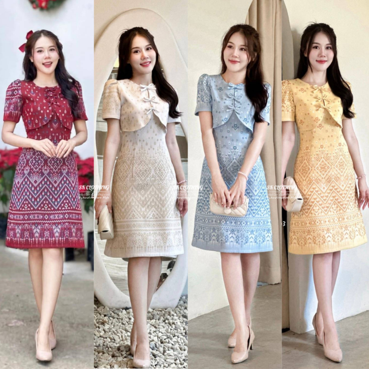 ชุดเดรสผ้าไทย ชุดเดรสผ้าทอ ลายแพรวา ทรงเอบาน แต่งกั๊ก ติดโบว์ด้านหน้า สีหวานละมุนมาก