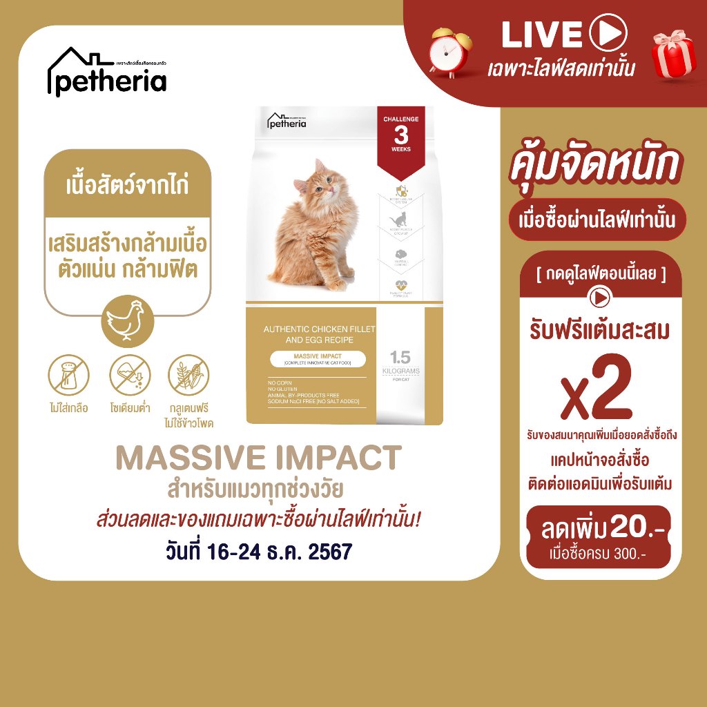 petheria Innovation Cat Food [MASSIVE IMPACT] [No Corn & Gluten Free] [แมวทุกช่วงวัย] 1.5 KG