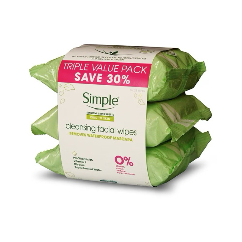 SIMPLE Kind to Skin Cleansing Facial Wipes 3×25’s ราคา ถูกที่สุด ดีลบีเคเค