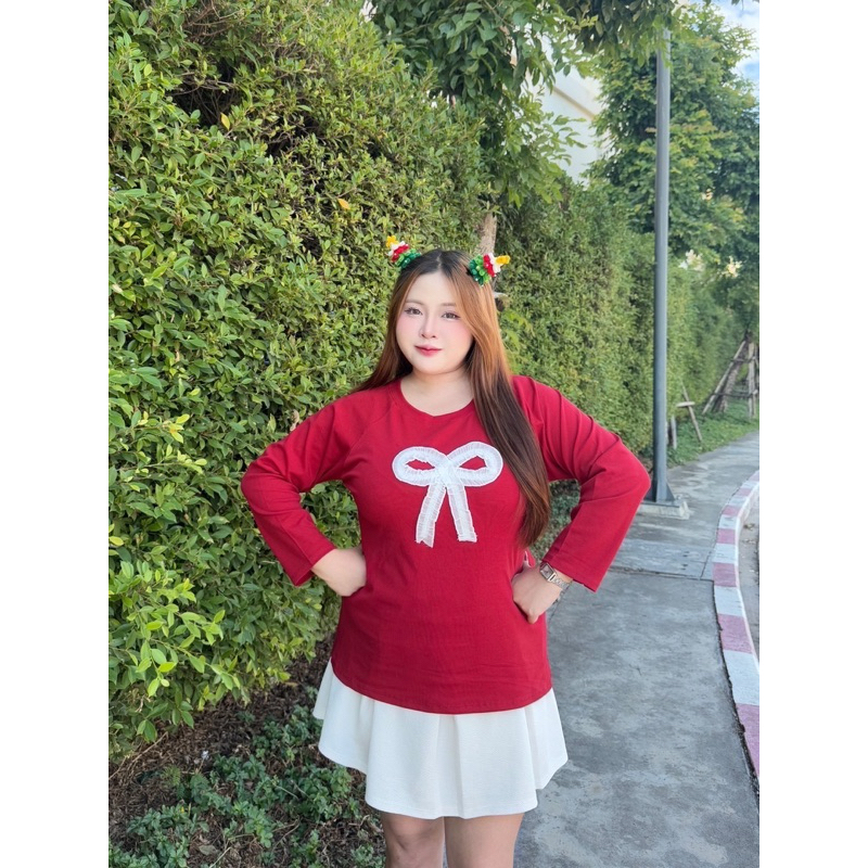 ย 106 ใหม่ เสื้อครอปแขนยาวผ้ายูนิโคลเนื้อนุ่ม ใส่สบาย เย็บแต่งโบว์สำหรับสาวอวบ
