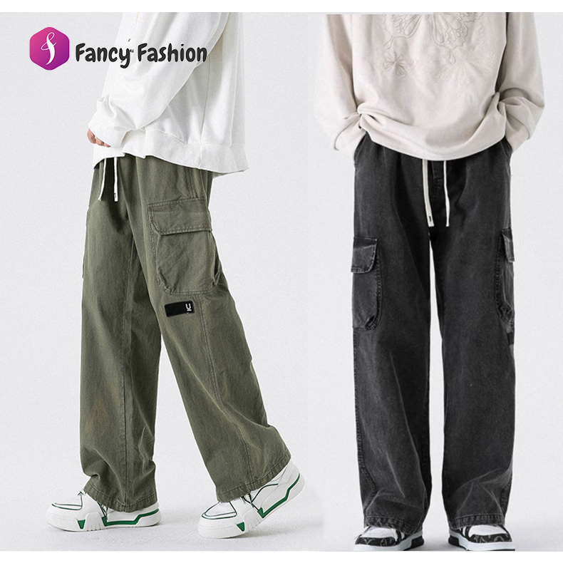 Fancy Fashion ผ้าฝ้าย กางเกงขายาวผู้ชาย ทรงหลวม ทรงตรง กางเกงผู้ชาย สไตล์อเมริกัน มีกระเป๋าด้านข้าง ทรงหลวม ขาตรง