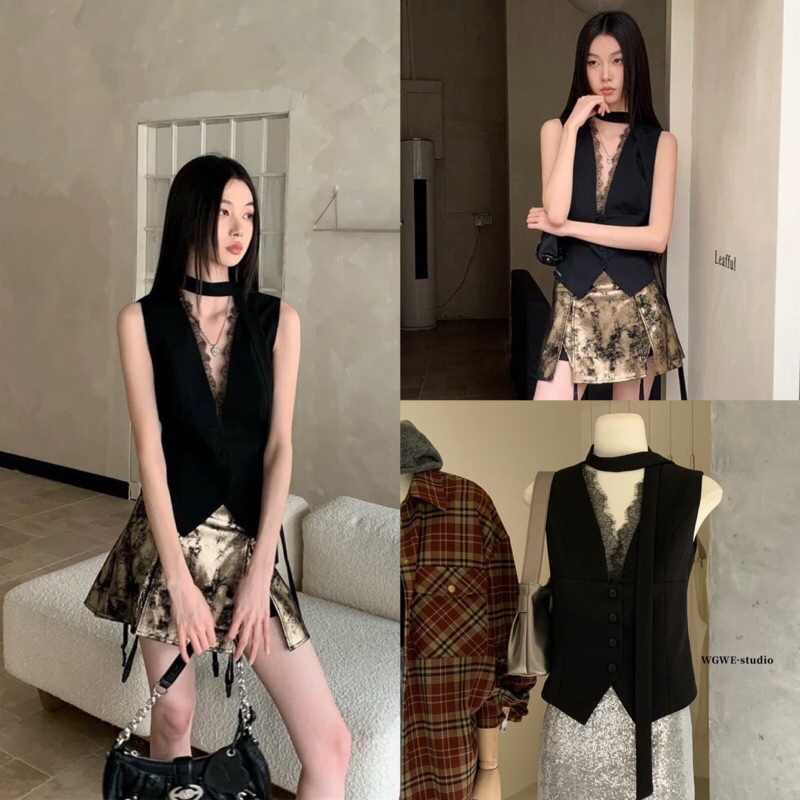 (พร้อมส่ง) เสื้อกั๊กดีเทลแต่งลูกไม้ช่วงอกรุ่น 3176 TAG.WG.WE 🇰🇷