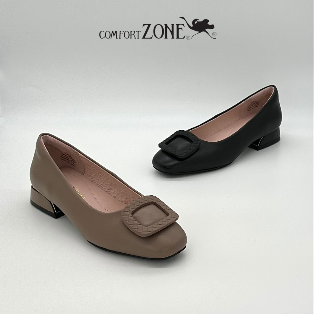 Comfort Zone Square Buckle Cow Leather Shoes, Black/Taupe, Size 36-41