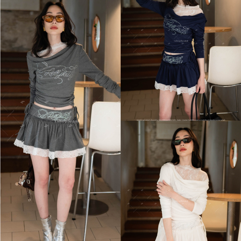พร้อมส่ง Set เสื้อแขนยาวปาดไหล่ขอบลูกไม้และกระโปรงสั้นผูกเอวชายลูกไม้ เซ็ตกระโปรง งานป้าย vshopbrand