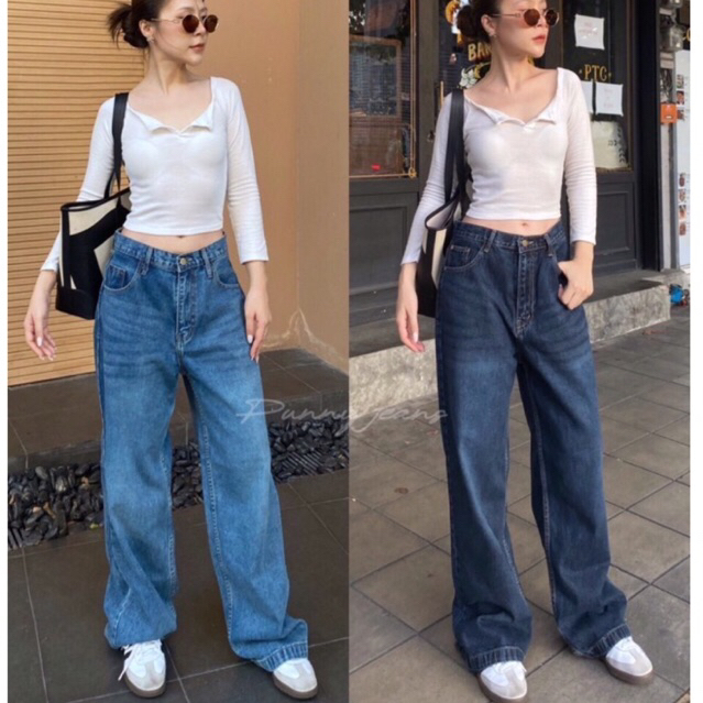 Punny jeans  กางเกงยีนส์ ทรงลิซ่า BEGGY ทรงกระบอกใหญ่ ผ้าไม่ยืด