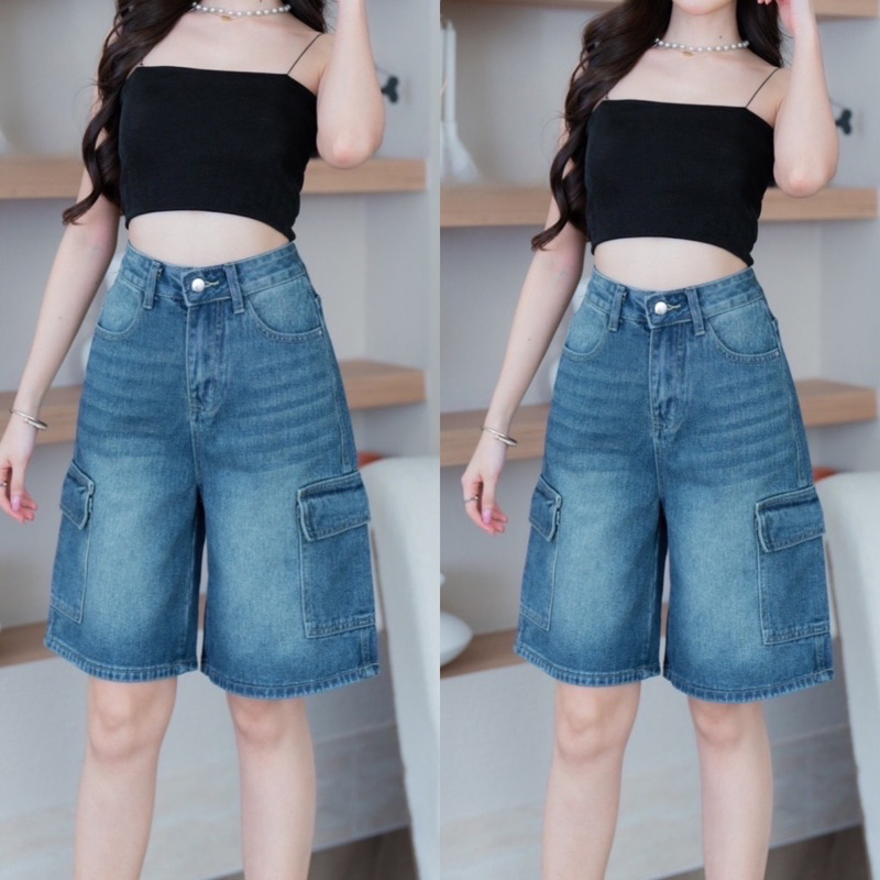 ขาสั้นกระบอกคาร์โก้ 4 ส่วน สีเข้มฟอกมีไซส์ S-6XL เอว 24-42”