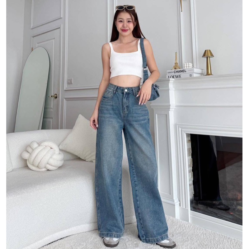 Baggy Jeans สียีนส์ฟอก,สีสนิม,สีเทา,สีเข้ม สีดำฟอก เอวสูง ปักแบรนด์ มีไซส์ S-7XL เอว 24-44”