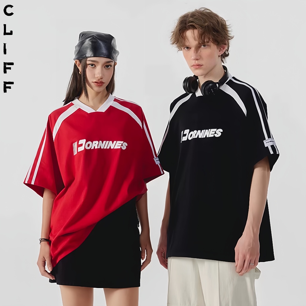 CLIFF คอวีขนาดเล็ก สไตล์อเมริกัน แนววินเทจ กีฬา ชุดคู่รัก แขนสั้นฤดูร้อน