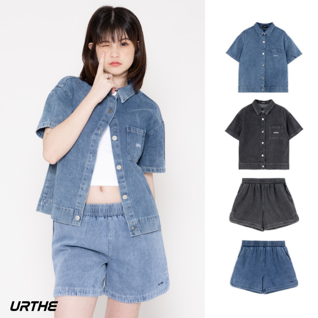 URTHE - ชุดเซ็ต เสื้อเชิ้ต กางเกง ยีนส์ฟอก