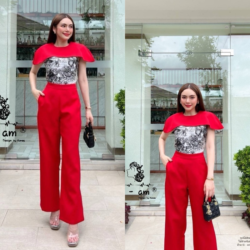 (s,m,2xl,3xl) ชุดเซตกางเกงขายาว สีแดง เสื้อคลุมไหล่+กางเกงขายาวเอวสูง ผ้าดีมากๆ งานป้าย si-am