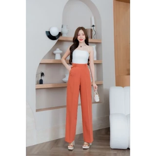 กางเกงขากระบอกกลางเอวสูง ซิปหลัง ผ้าเปเป้ มีหู กระเป๋า2ข้าง (S-3XL) ยาว40"