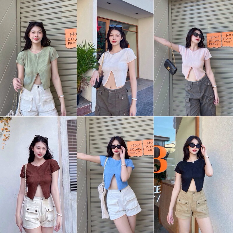 cropเสื้อครอปแขนสั้นผ้าอัดพลีทผ่าด้านหน้าป้ายsheeny