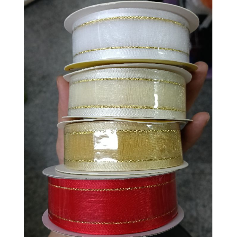 ริบบิ้นผ้าแก้วเส้นทอง  10mm  16mm 25mm(25หล)