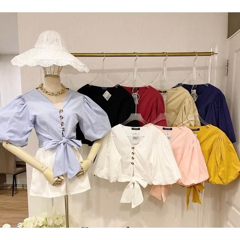 (พร้อมส่ง) เสื้อครอปเเขนพอง กระดุมใหญ่ ดีเทลผูกโบว์ด้านหน้า
