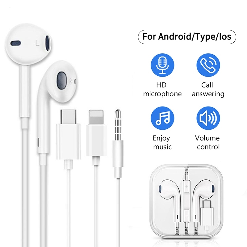 หูฟังแบบมีสาย สเตอริโอเบส อินเอียร์พร้อมไมโครโฟน type-c สำหรับ  IOS เอฟเฟกต์เสียง 4D หูฟังโทรศัพท์ จัดส่งในกรุงเทพฯ COD