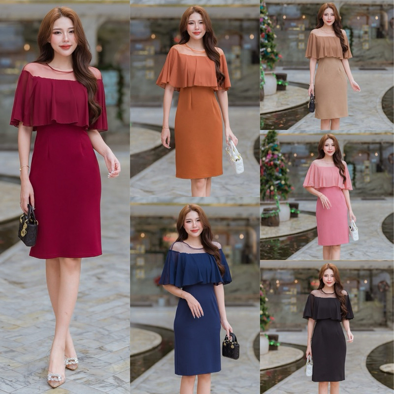 224 เดรสคอกลมแต่งผ้าเน็ตต่อระบายชีฟอง  (ผ้าเทพ REEYA)