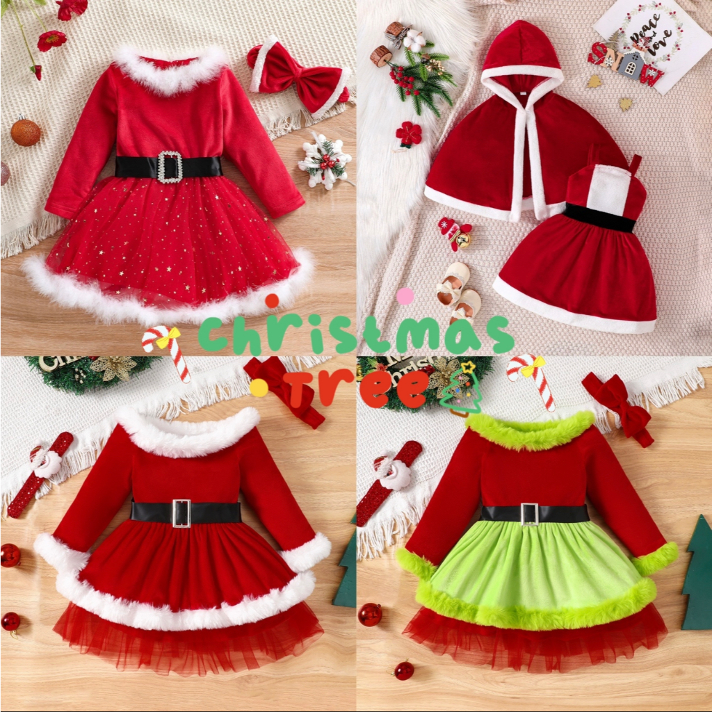 ชุดคริสต์มาสเด็กผู้หญิง กระโปรง+โบว์  เนื้อผ้านิ่มดีเด้งดี size1-6บี XM
