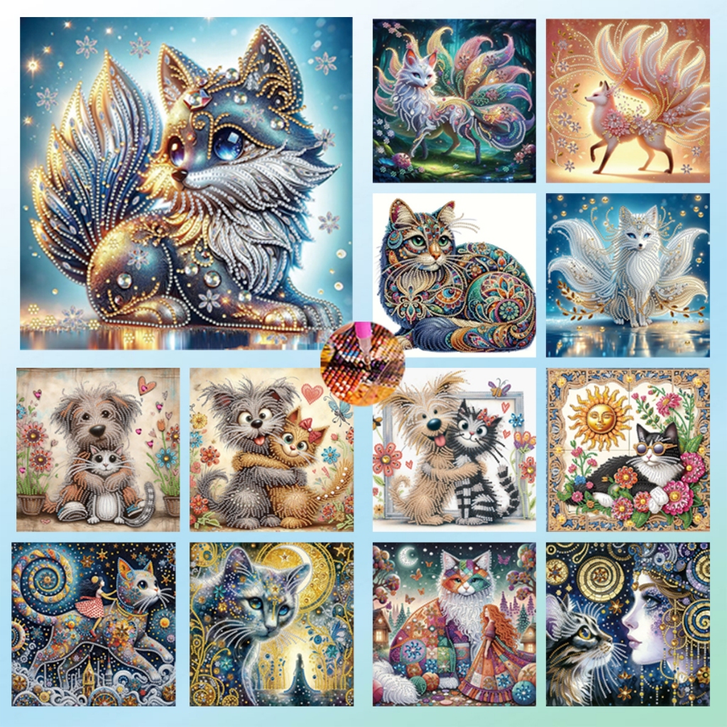 ติดตัวหลัก Diamond Painting 5D DIY หมา แมว ครอสติสคริสตัลเม็ดใหญ่ 5 มิติ ภาพติดเพชร WxH 30x30 cm