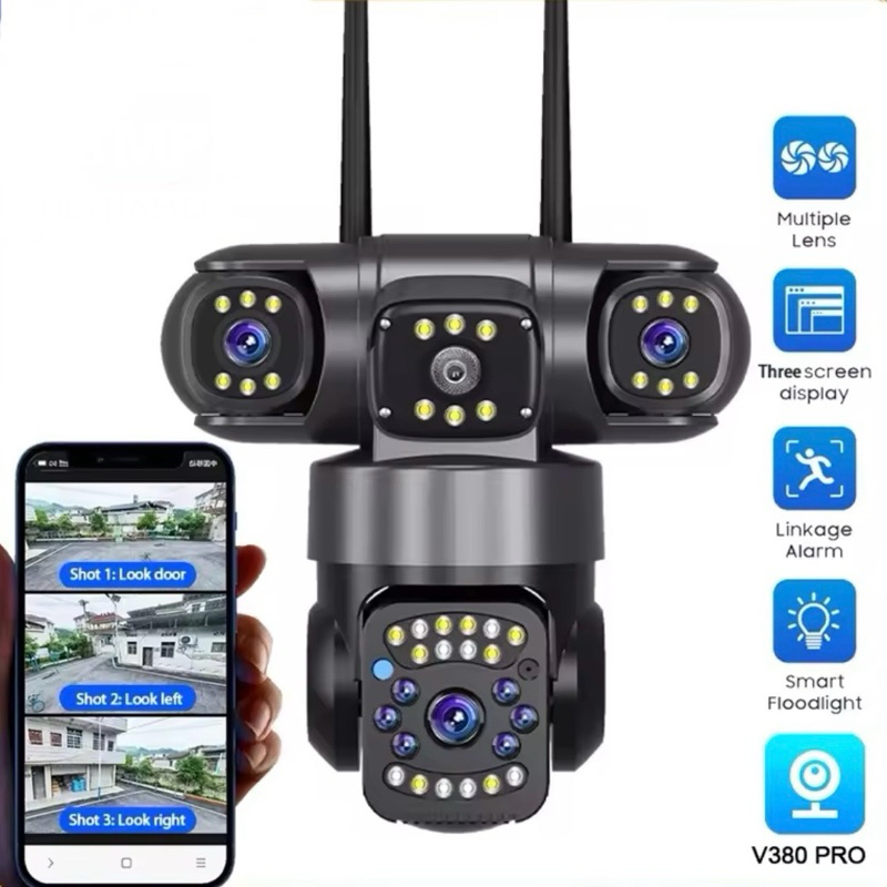 V380 Pro 3 เลนส์ 3 หน้าจอ พร้อมระบบ Wi-Fi PTZ สี การมองเห็นได้ในเวลากลางคืน การตรวจจับการเคลื่อนไหว ระบบเสียงสองทาง IP66