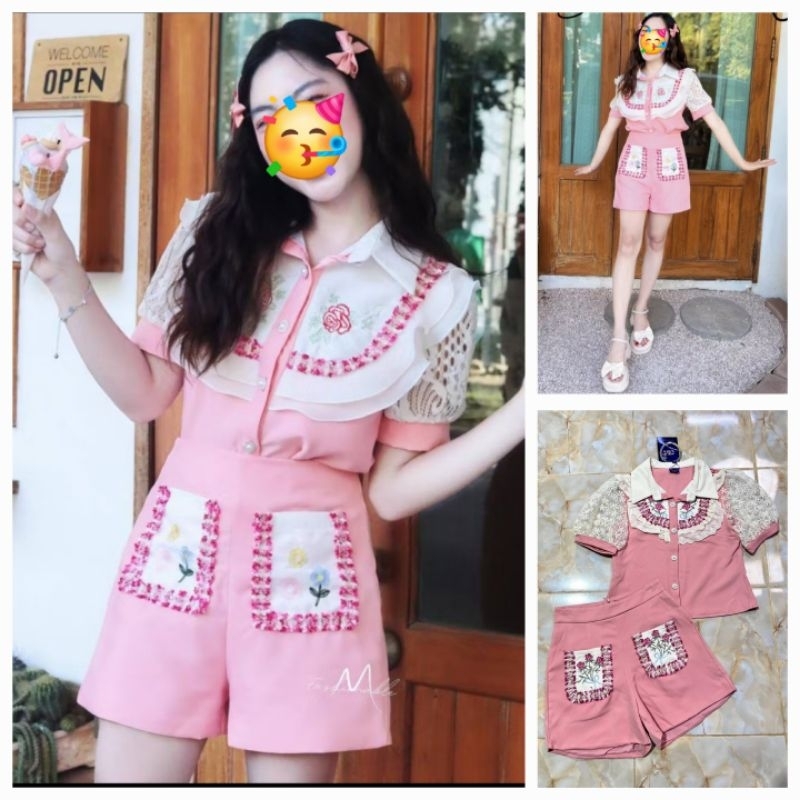 500 มีS,M,L,XL,2xl[ปกติ]เสื้อ19"กก15"เซตกางเกงขาสั้นงานปักสวยมาก