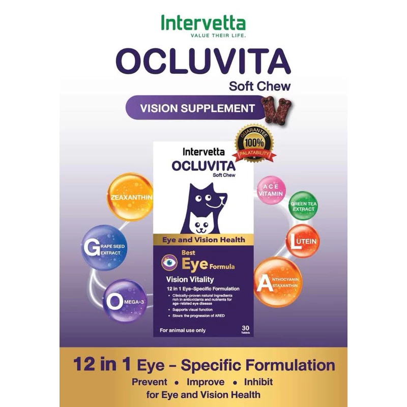 (soft Chew) Intervetta Ocluvita (30 เม็ด) Exp.26/08/2027 อาหารเสริมเพื่อบำรุงสายตาและดวงตา สำหรับสุนัขและแมว