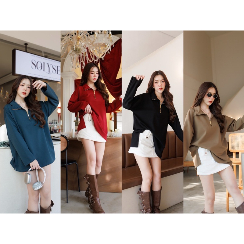 เสื้อแขนยาว Oversize ดีเทลซิปสีทอง ผ้าลื่นนุ่มใส่สบาย