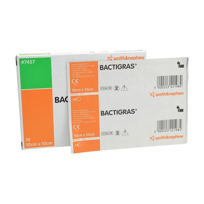 Bactigras 10cmx10 cm (Smith & Nephew)แบคทิกราส ขนาด 10x10 ซม. ตาข่ายปิดแผล กันแผลติด ซองละ 1 ชิ้น