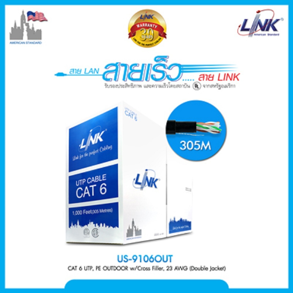***แบ่งขาย*** LINK สายแลน CAT6 UTP Cable รุ่น US-9106OUT Outdoor Original สายแลนนอกอาคาร (สีดำ)
