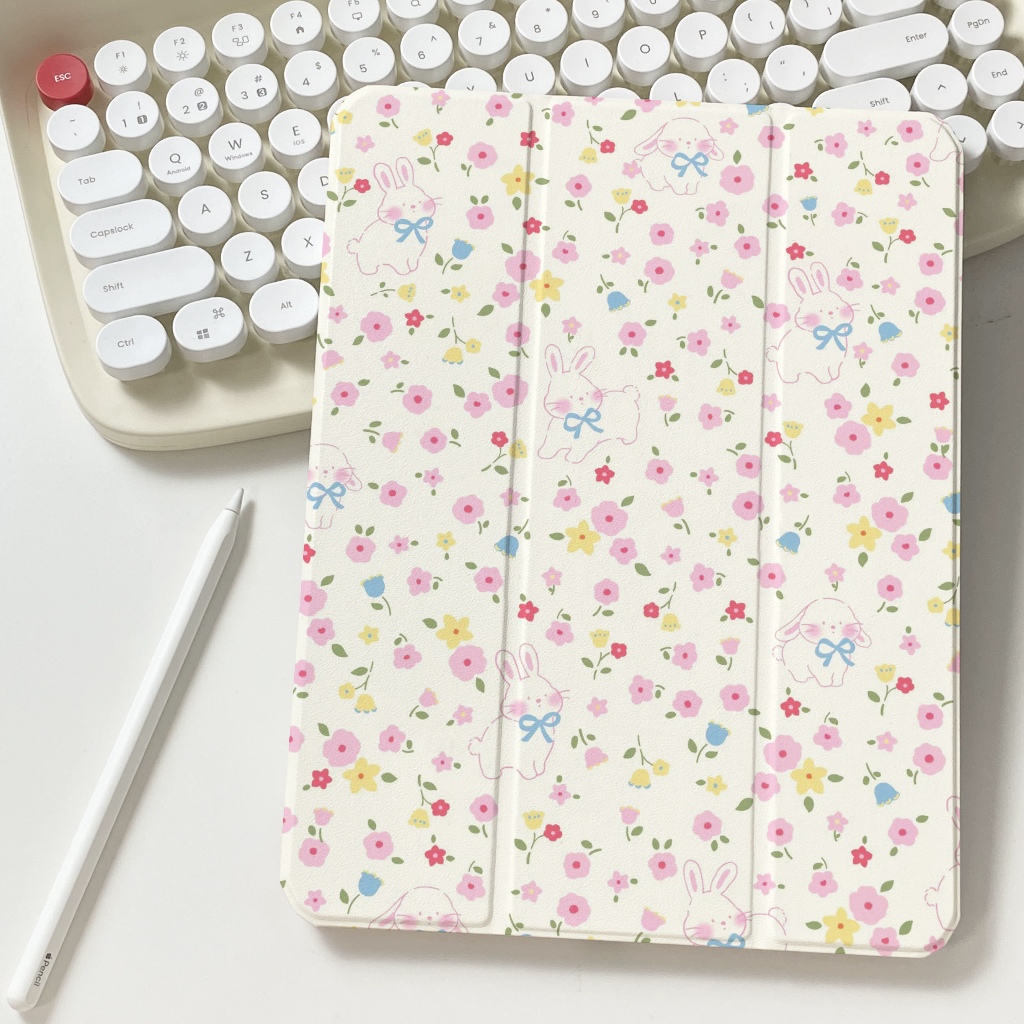 24ชั่วโมง case iPad Air7 Gen12 Gen11 Air8 11ที่ใส่ปากกา Floral Bunny เคส iPad Pro11 2024 Gen10 Air5