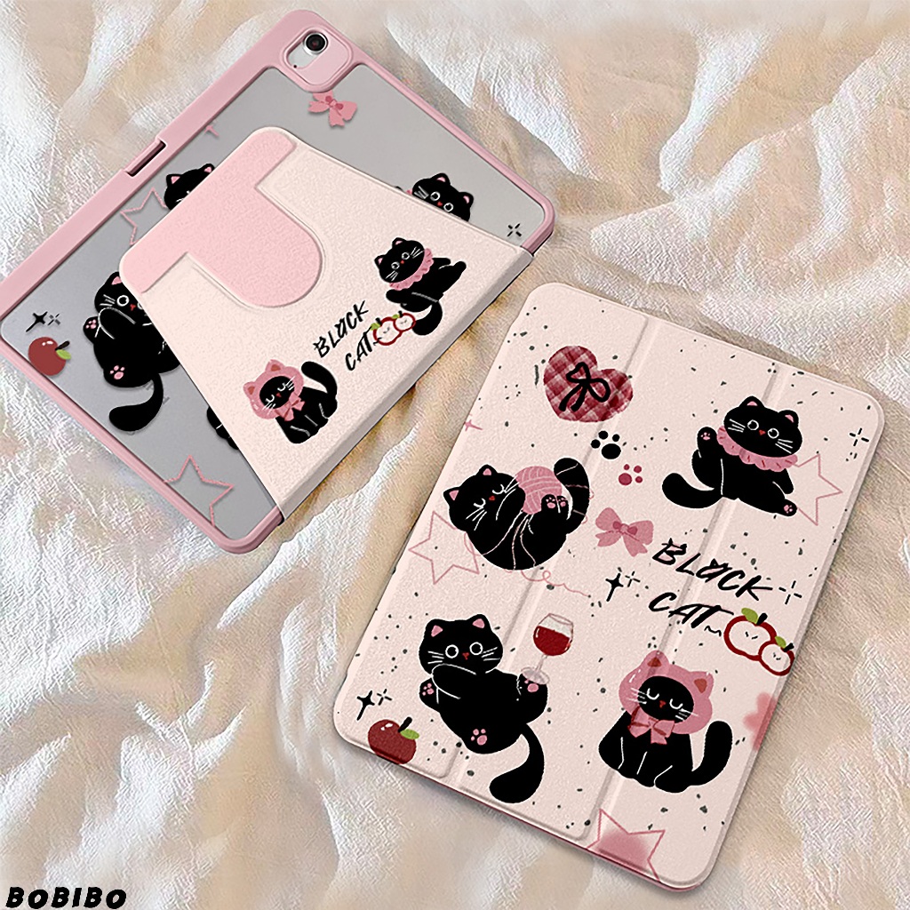 🪐24 ชั่วโมงเคส🪐เคส iPad Air6 Gen11 Pro11 2024 โบว์ริบบิ้นแมวดำ เคสiPadหมุน 360° Air7 Gen9 MINI7 Air5