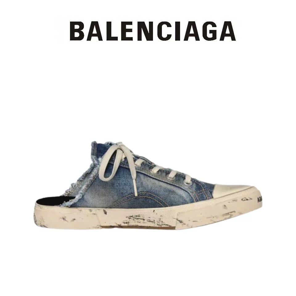 รองเท้าแตะส้นแบน Balenciaga Paris สำหรับผู้ชายและผู้หญิงรองเท้าลำลองสีน้ำเงินเดนิม