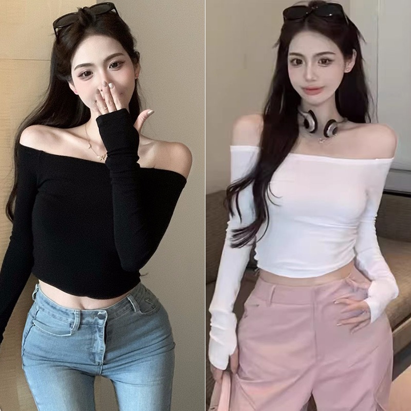 OOTD จัดส่งจากกรุงเทพ🌼เสื้อยืดแขนยาว เสื้อปาดไหล่ เสื้อครอปแขนยาวเซ็กซี่ สไตล์ยุโรปและอเมริกา ทรงเข้ารูป ผู้หญิง