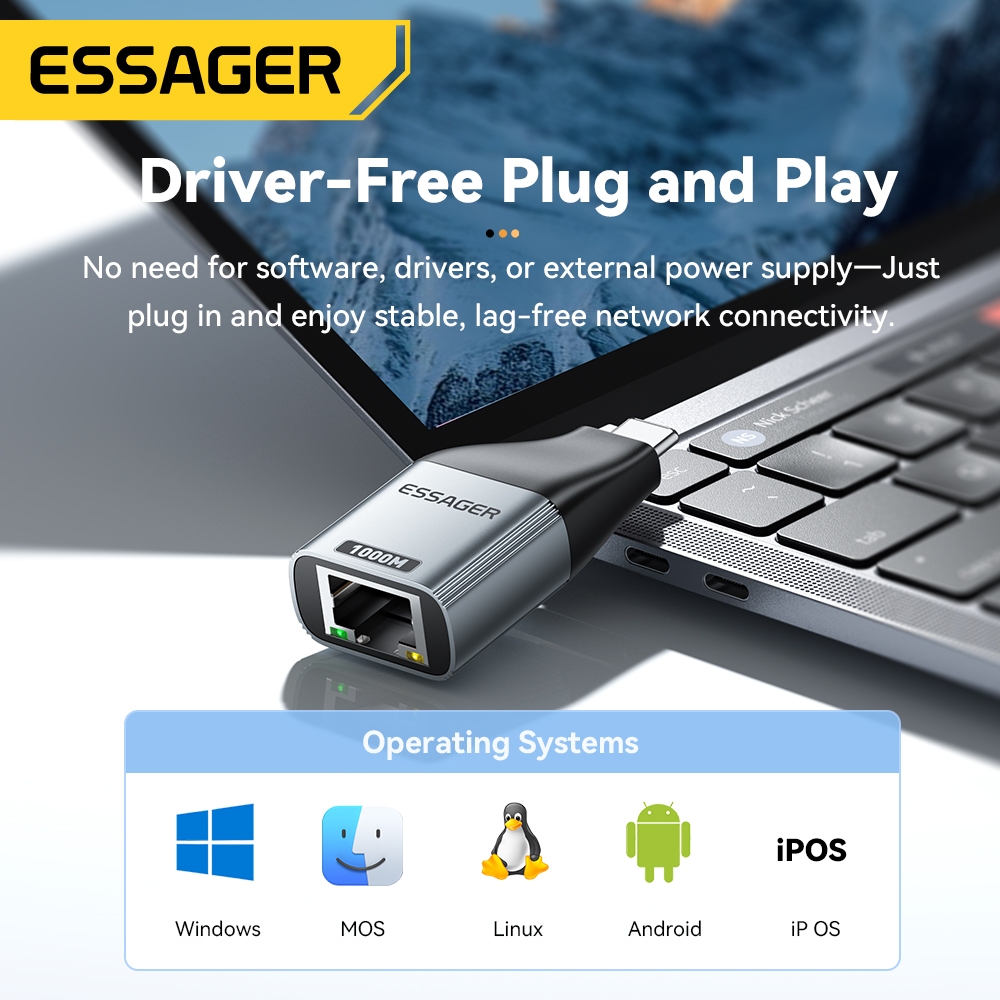 Essager 1000M RJ45 to Type-c อะแดปเตอร์พอร์ตเครือข่าย รองรับหลายระบบ