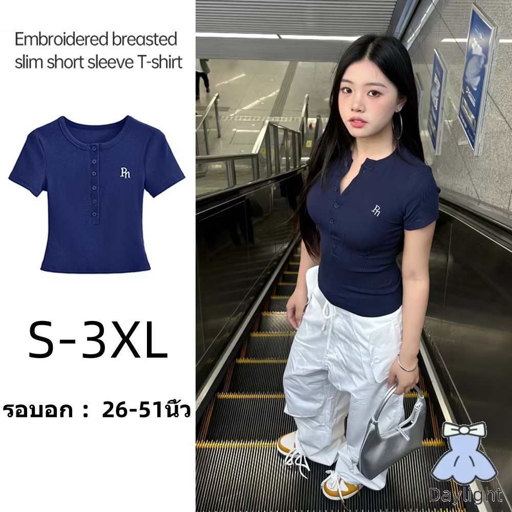 การจัดส่งที่รวดเร็💖 เสื้อยืดแขนสั้นย้อนยุคผู้หญิงเข้ารูปเสื้อยืดปักลำลองเสื้ออเนกประสงค์#A18