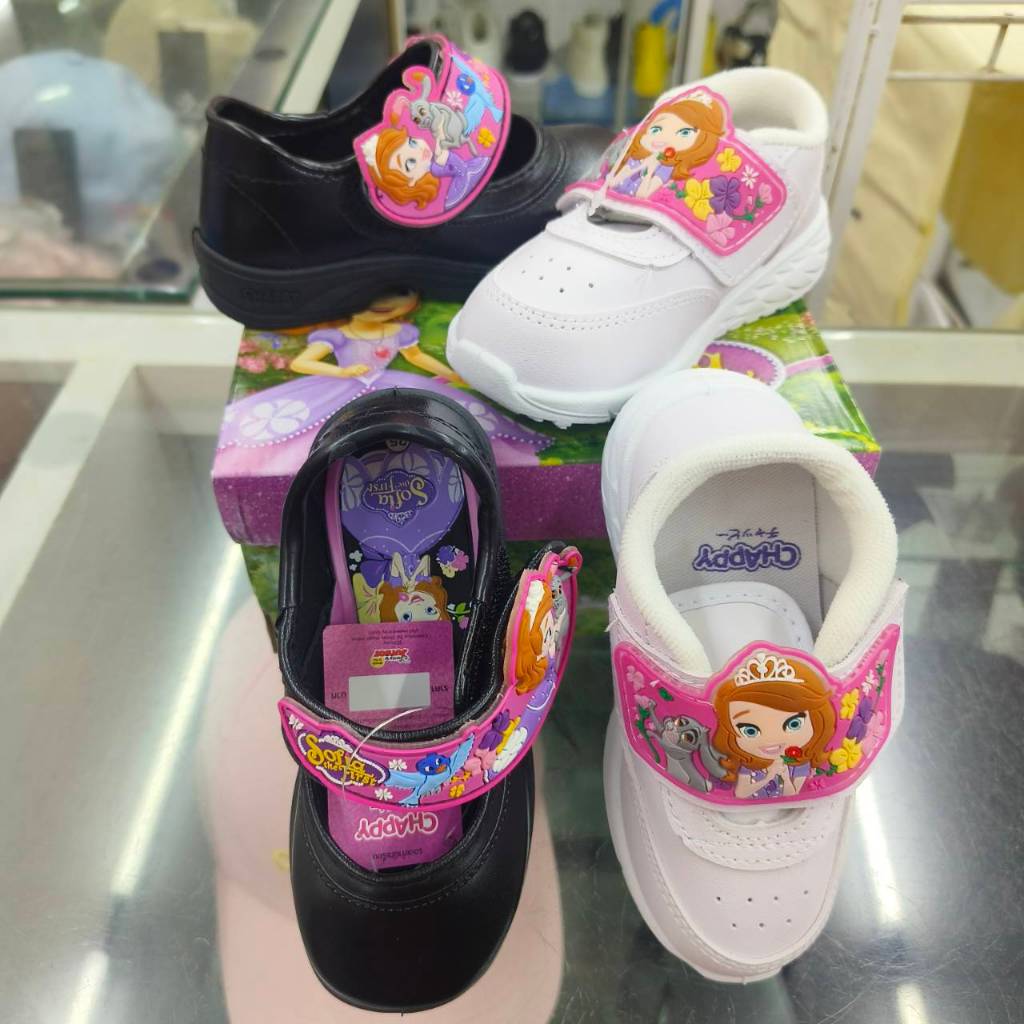 รองเท้านักเรียนหญิง หนังดำ PVC ขาว แชปปี้ Chappy โซเฟีย มีไฟ สีดำ(SF-111) สีขาว(SF-222)  รองเท้าอนุบาล รองเท้าพละ