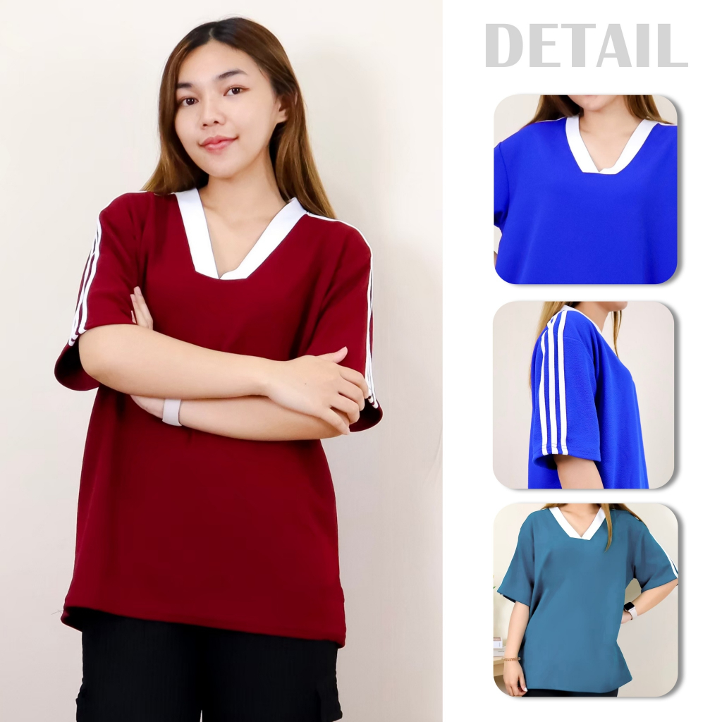เสื้อยืด คอวี แต่งแถบคอ แถบแขน 3 เส้น สไตล์สปอร์ต ผ้าวูลเวฟ ใส่ได้ทั้งชายและหญิง 0051#