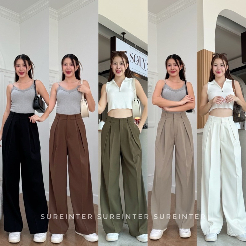 กางเกงจีบทวิตทรงขากระบอกเอวสูงอำพลางต้นขาได้ดีS-XL
