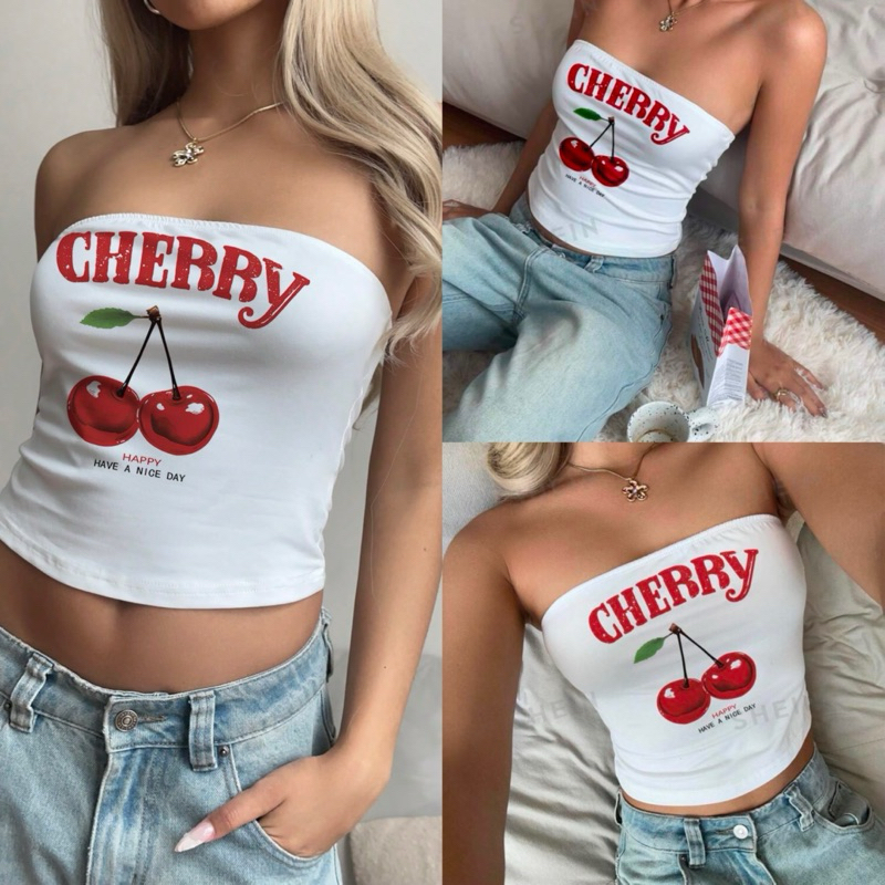 SHEIN CovetEZ เสื้อเกาะอกผู้หญิง ลายเชอร์รี่