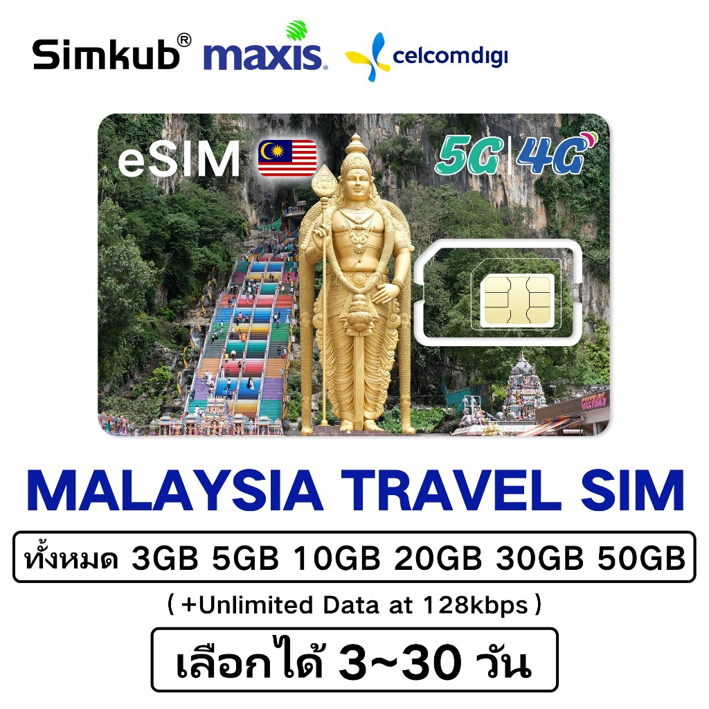 eSIM MALAYSIA ซิมมาเลเซีย ซิมท่องเที่ยวมาเลเซีย 5G/4G อินเตอร์เน็ต ทั้งหมด 3GB-50GB เลือกได้ 3-30วัน