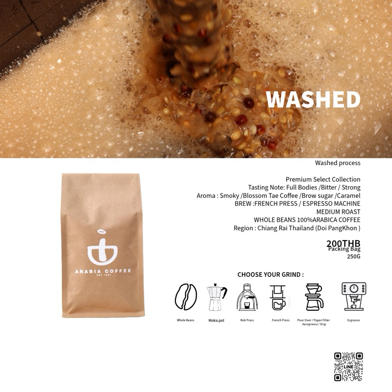 WASHEDcoffeeเมล็ดกาแฟอาราบิก้า100%คั่วกลางเข้ม 250 G.