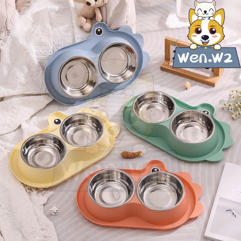 wen.W2 สัตว์เลี้ยงพลาสติกการ์ตูนชามคู่สำหรับให้น้ำชามแมว 2 ใบชามสุนัขกันลื่นชามสัตว์เลี้ยง 2 ใบชามอาหารสัตว์เลี้ยง