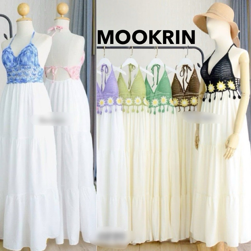 Mookrinstyle • เดรสยาวอกถักโครเชท์ ต่อกระโปรงยาว งานสวยละมุนมาก ชุดเดรสไปทะเล เดรสยาว Maxidress